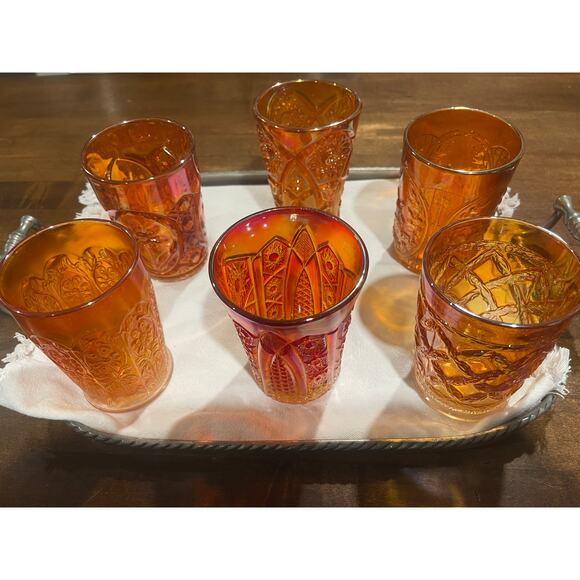 Six Vintage Mid-Century Marigold Iridescent Carnival Glass Glasses - Picture 5 of 5